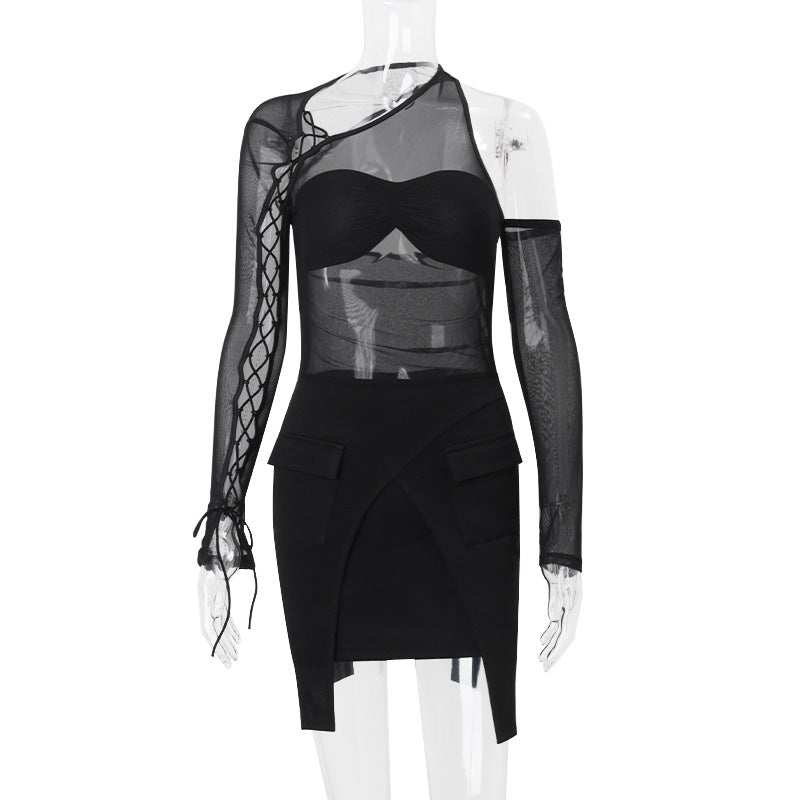 Long sleeve irregular hollow out mesh mini dress