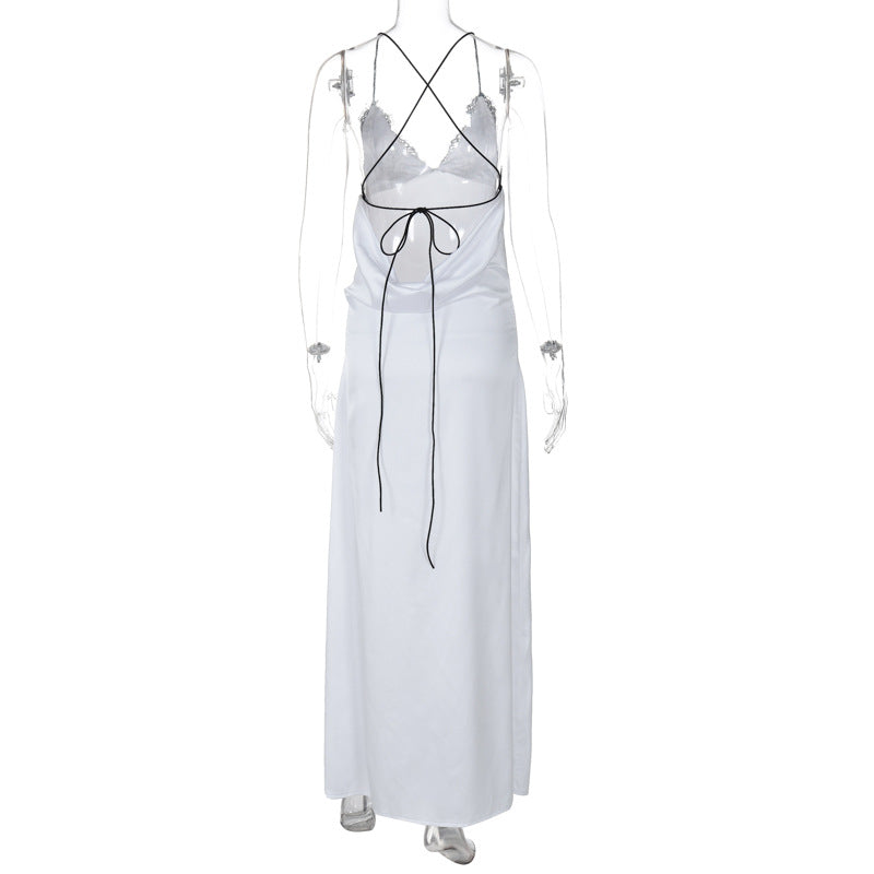 Robe longue fendue à bretelles spaghetti et col en V à dos croisé 