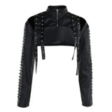 Top de manga larga con cremallera y apliques de remaches de cuero PU, calado 