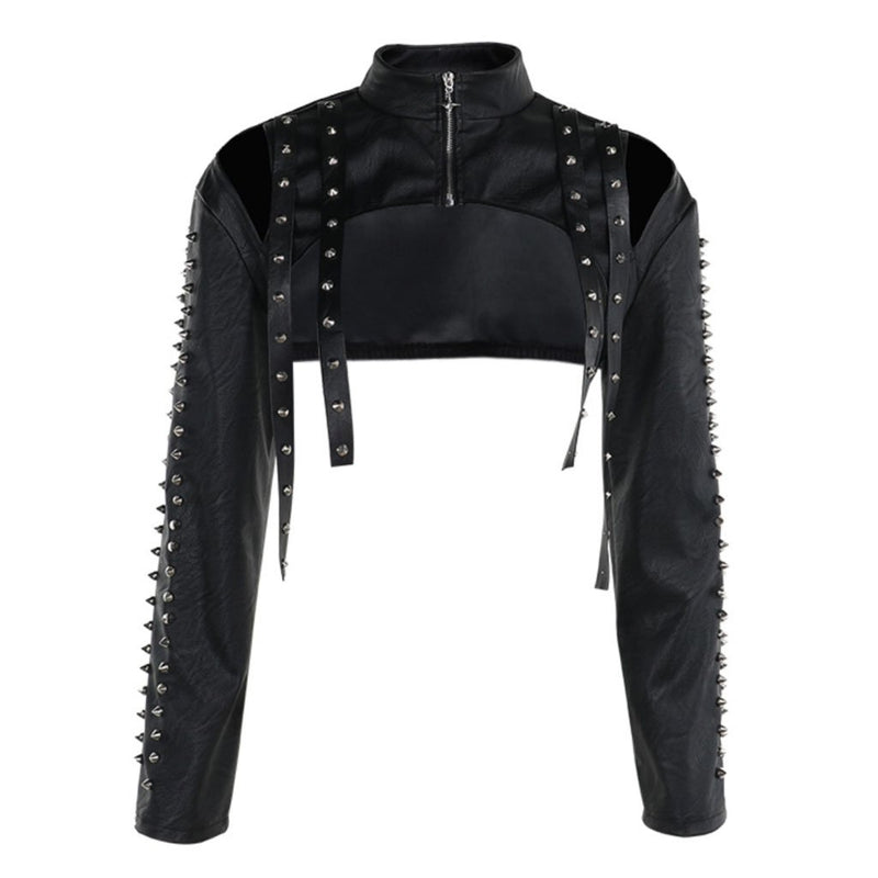 Top de manga larga con cremallera y apliques de remaches de cuero PU, calado 
