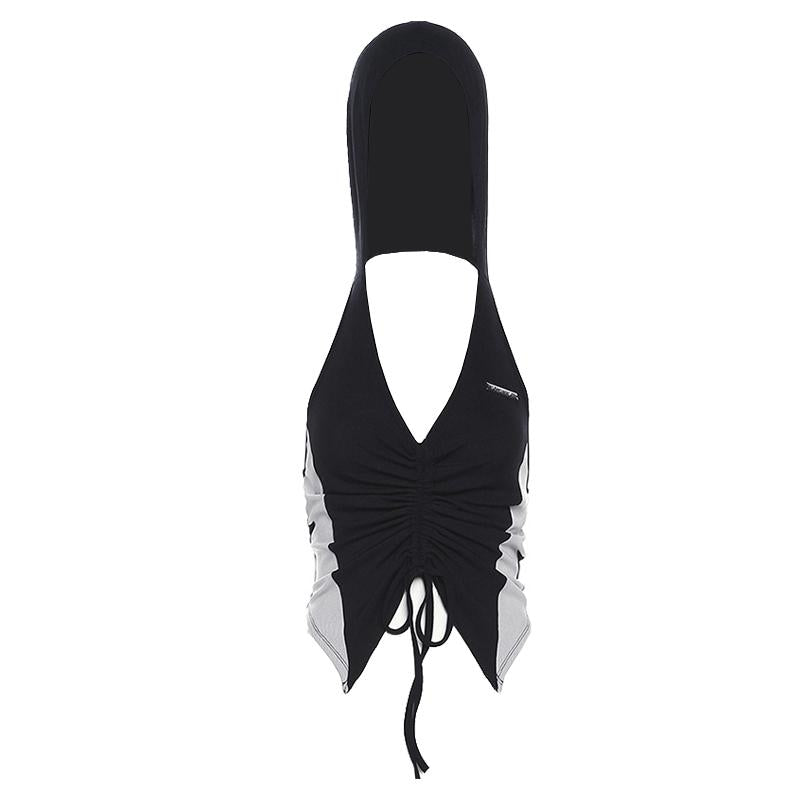 Hoodie v neck ruched drawstring metal tag top