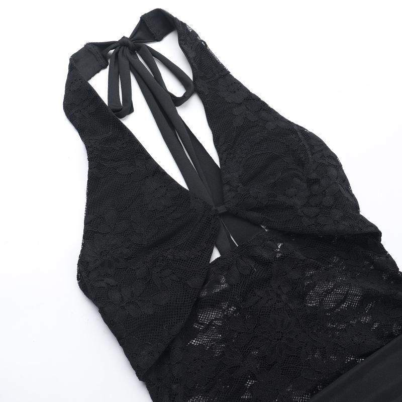 Halter self tie hollow out lace ruched mini dress