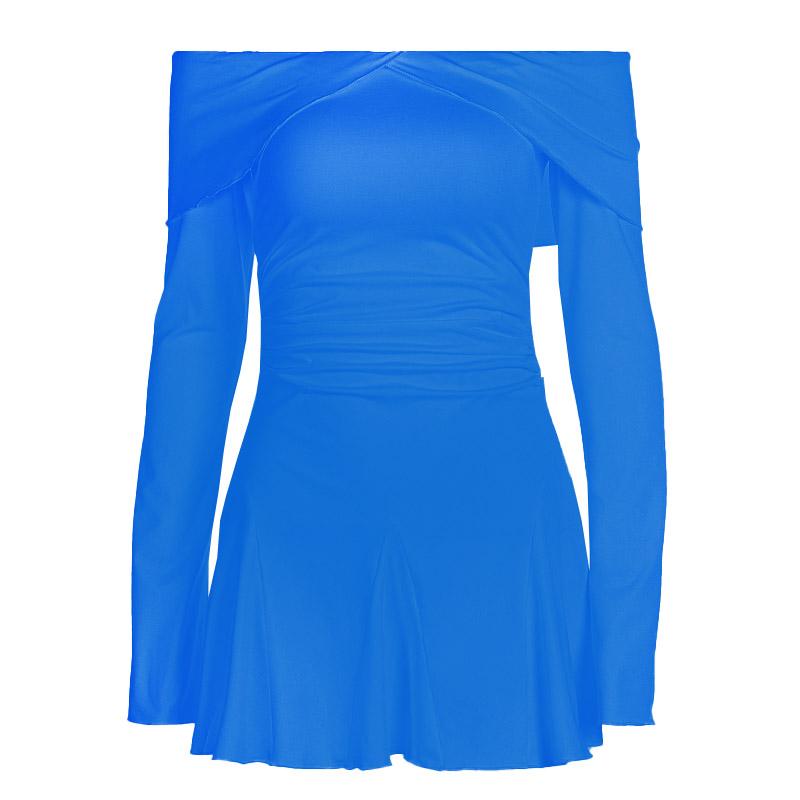 Vestido mini con volantes fruncidos y manga larga con hombros descubiertos 