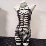 Hollow out metal chain skull applique see through top