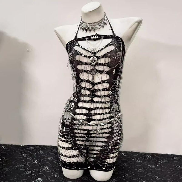 Hollow out metal chain skull applique see through top