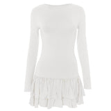 Vestido mini liso con cuello redondo y manga larga fruncida 