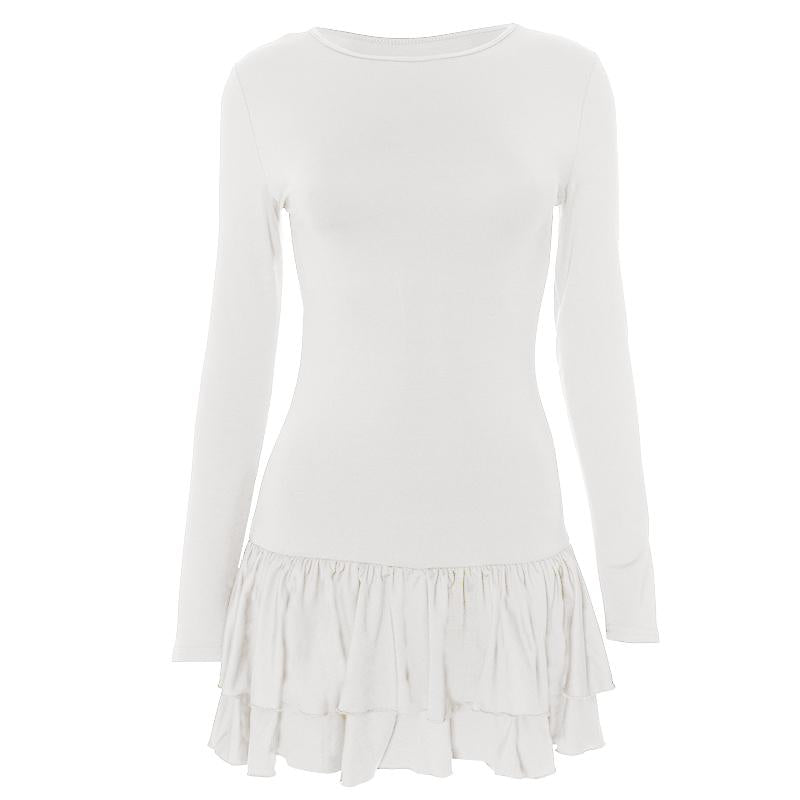 Vestido mini liso con cuello redondo y manga larga fruncida 