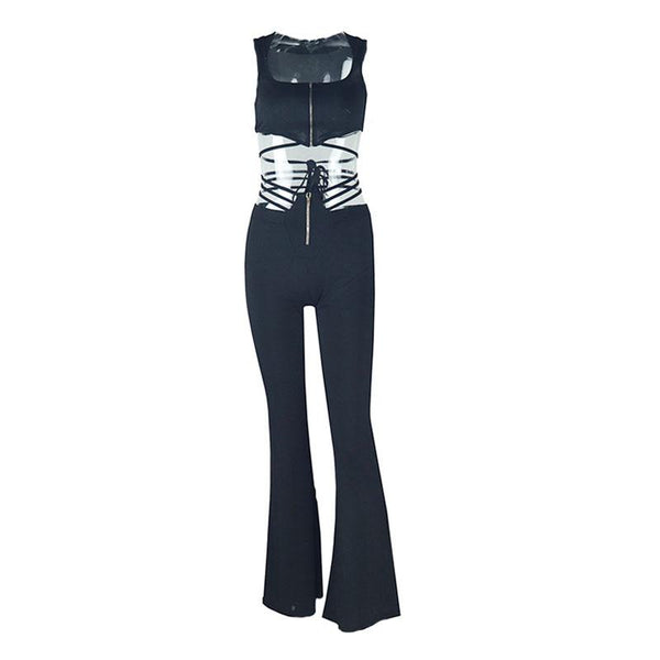 Conjunto de pantalón liso con cuello cuadrado y canalé con cierre de cremallera 