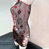 Hollow out fishnet see through lip print mini dress