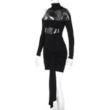 Mini-robe froncée à col haut et manches longues 