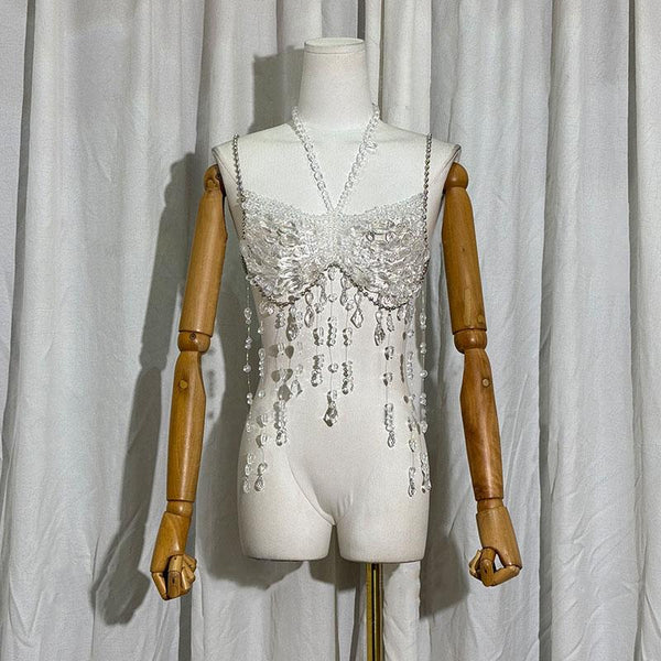 Top de tirantes con borlas y cuentas de cadena metálica estilo halter 