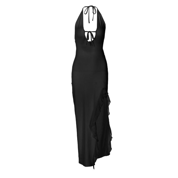 Robe longue unie à volants et col en V avec fente et lien à nouer 