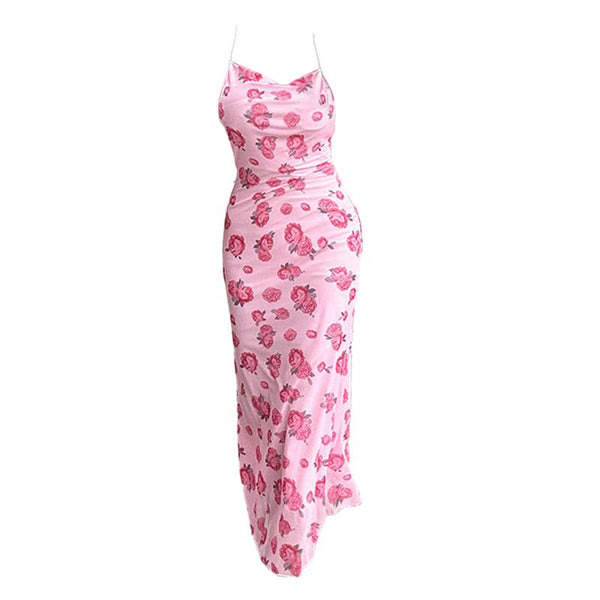 Mesh cowl neck flower print spaghetti strap midi dress