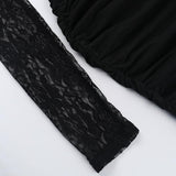 Long sleeve lace hollow out ruched self tie mini dress