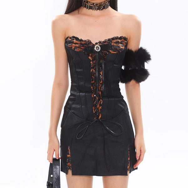 Mini-robe à volants fendue en cuir PU à lacets et imprimé léopard 