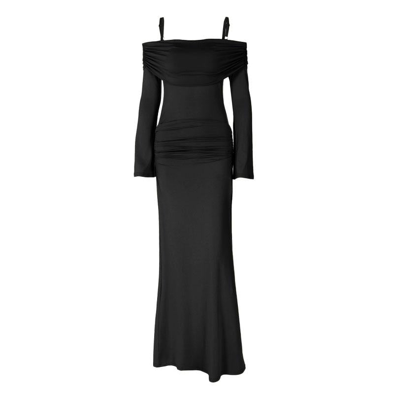 Robe longue froncée à manches longues et épaules dénudées 