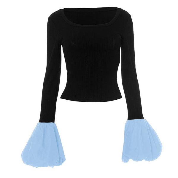 Long puff sleeve round neck ribbed ruched top