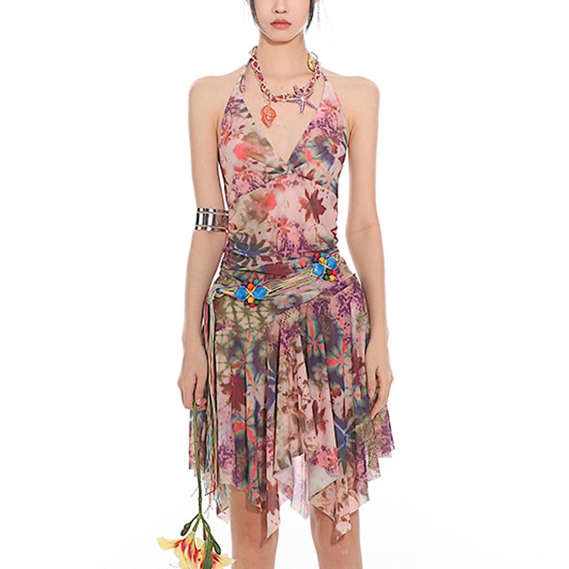 Mini-robe à col en V en maille imprimée froncée à nouer soi-même 