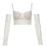 Gants à ourlet en dentelle, haut camisole en cuir PU à col en V 