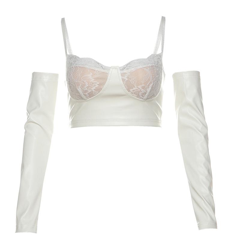 Gants à ourlet en dentelle, haut camisole en cuir PU à col en V 