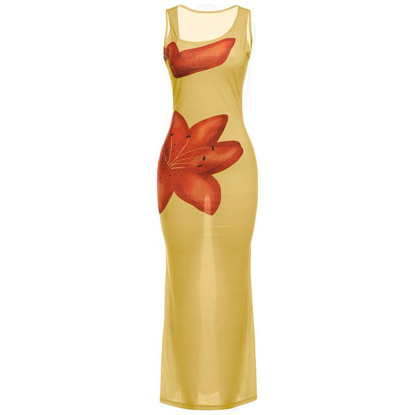 Irregular u neck flower print see through maxi dress