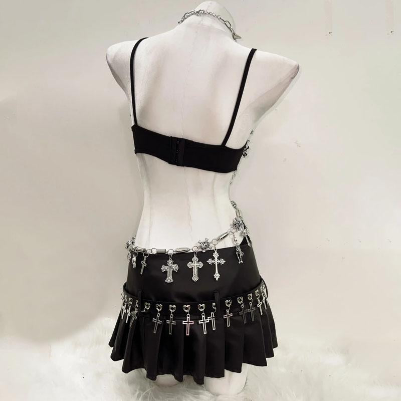 Irregular hollow out zip-up pleated cami mini skirt set