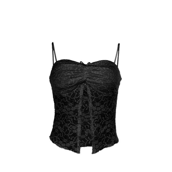 Lace slit ruched bowknot spaghetti strap top
