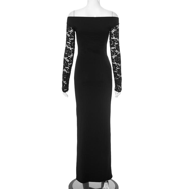 Robe longue en dentelle à manches longues et fentes ajourées sur les épaules 