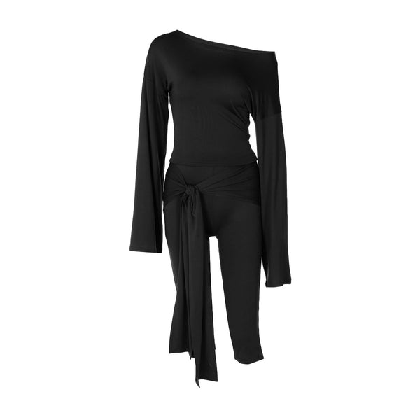 Ensemble pantalon uni à manches longues et taille moyenne irrégulier 