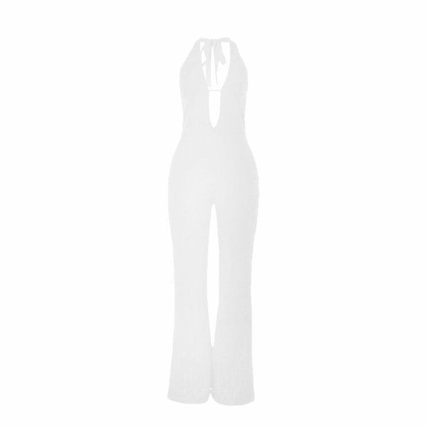 Halter self tie deep V neck lace backless jumpsuit