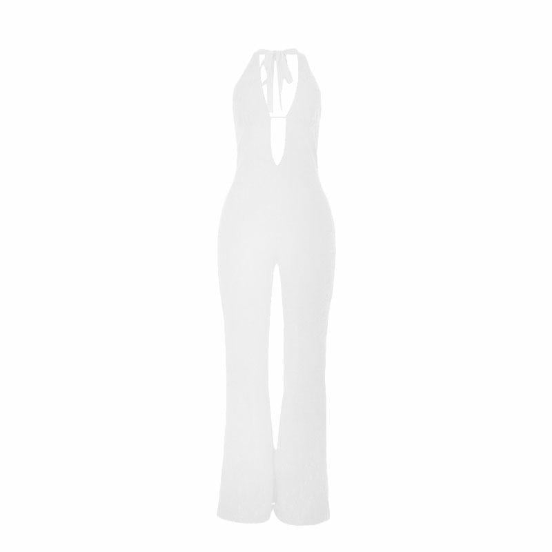 Halter self tie deep V neck lace backless jumpsuit