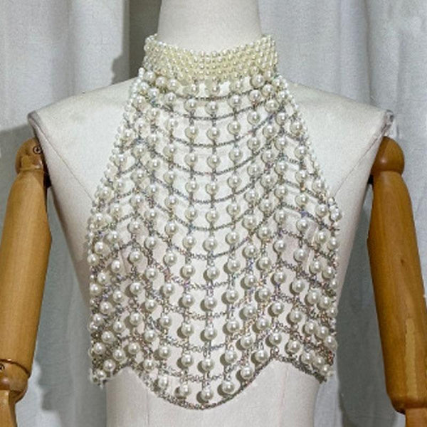 Halter beaded metal chain hollow out top