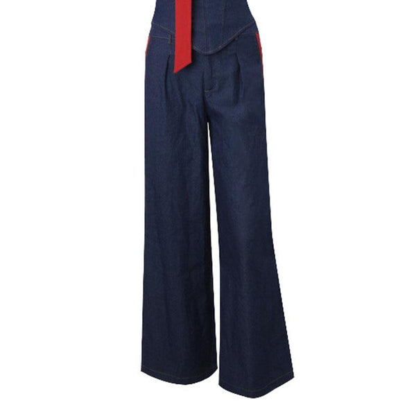 Jean large froncé avec ourlet en dentelle et poches boutonnées 