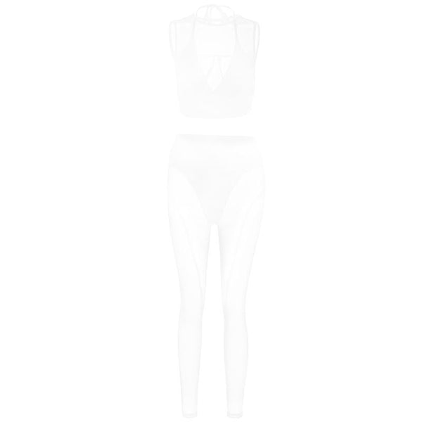 Ensemble pantalon taille moyenne en maille ajourée à col ras du cou 