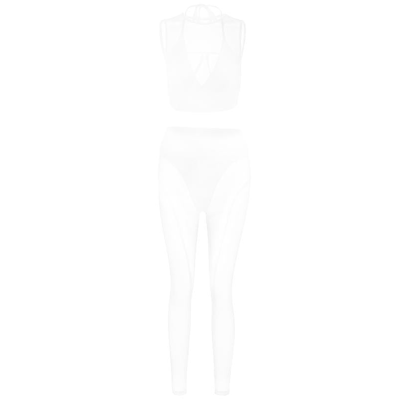 Ensemble pantalon taille moyenne en maille ajourée à col ras du cou 