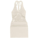 Halter self tie hollow out lace ruched mini dress