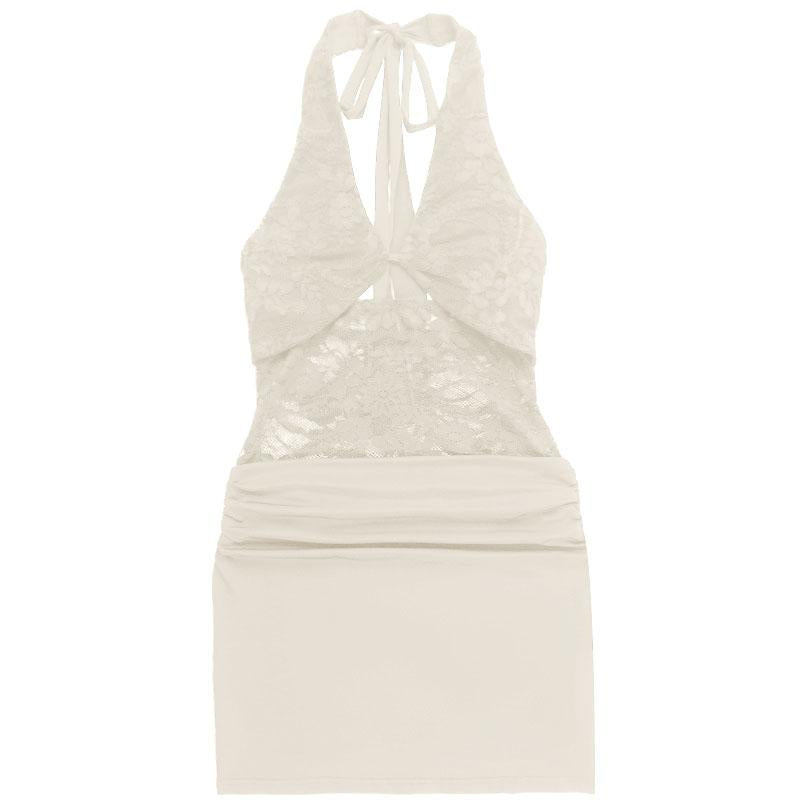Halter self tie hollow out lace ruched mini dress