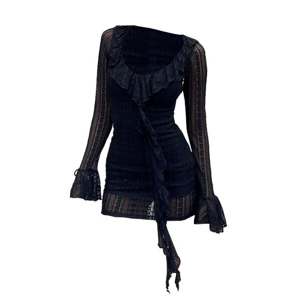 Long flared sleeve u neck lace ruffle mini dress