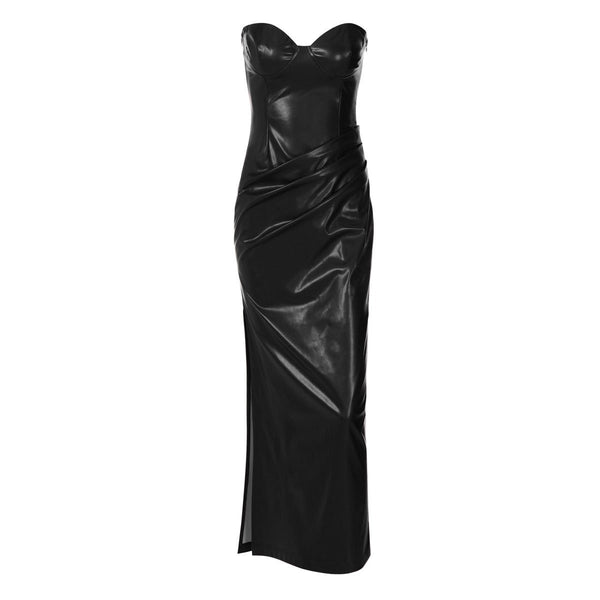 Robe midi tube plissée en cuir PU avec fermeture éclair et fente 