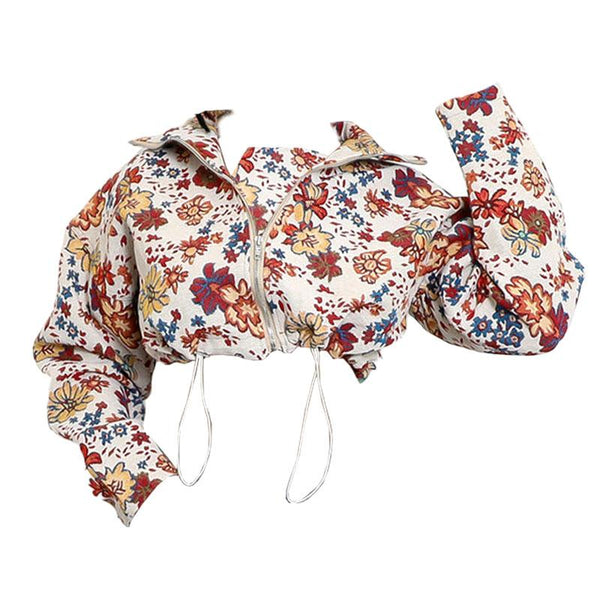 Top con estampado de flores, manga larga, cierre de cremallera y cordón ajustable 