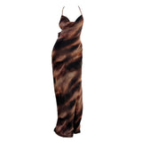Cowl neck sheer mesh print spaghetti strap maxi dress