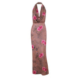 Robe longue froncée à imprimé fleuri et col bénitier 