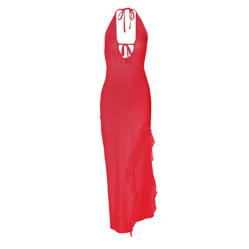 Robe longue unie à volants et col en V avec fente et lien à nouer 
