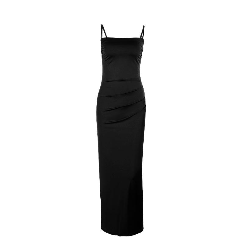 Robe longue à bretelles froncées et col carré uni 