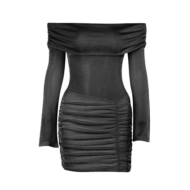 Minivestido fruncido de manga larga con hombros descubiertos 