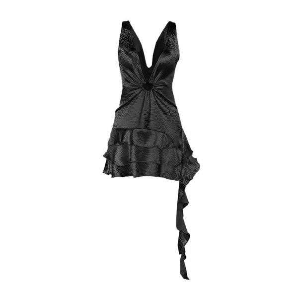 Mini-robe unie irrégulière à volants et col en V profond 