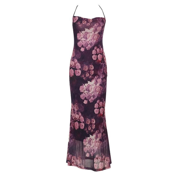 Robe longue à bretelles spaghetti et imprimé floral, col carré et dos croisé 