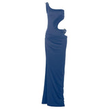 Robe longue irrégulière à une épaule, ajourée et fendue haute 