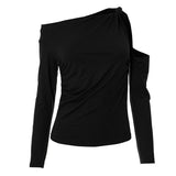 Hollow out long sleeve ruched one shoulder knotted top