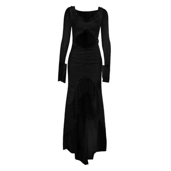 Hollow out long sleeve ruched ruffle mesh maxi dress